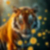 An artistic representation of a tiger intertwined with digital currency symbols