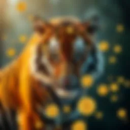An artistic representation of a tiger intertwined with digital currency symbols