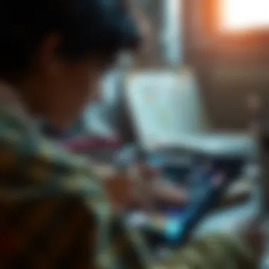 Crafting Digital Masterpieces A close-up of a digital artist creating NFTs on a tablet.