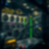 A detailed view of a GPU mining rig showcasing twelve high-performance graphics cards