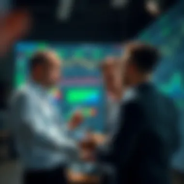 A professional setting illustrating traders engaged in discussions over technical analysis strategies