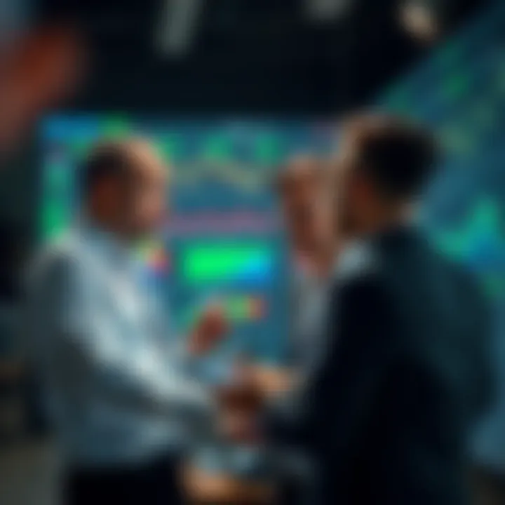 A professional setting illustrating traders engaged in discussions over technical analysis strategies