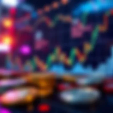 A visual depiction of digital coins in a fluctuating market graph