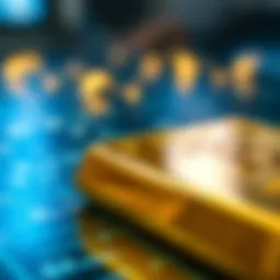 Close-up of a gold bar with digital currency symbols