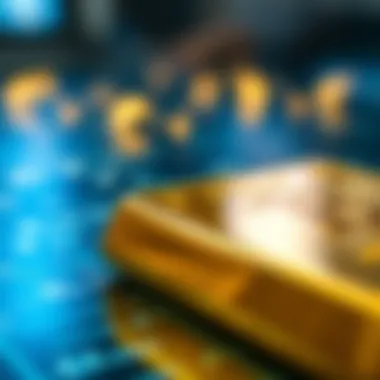 The Intersection of Gold and Digital Currency Close-up of a gold bar with digital currency symbols